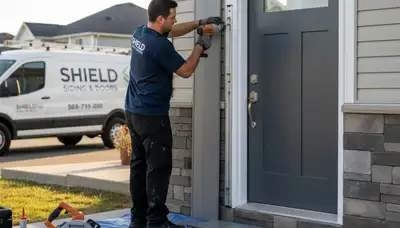 Technician repairing door frame and weatherstripping at Philadelphia PA home for Next Level Exteriors