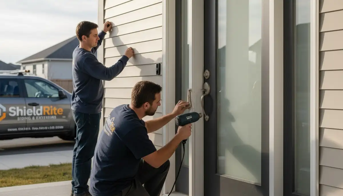 Technician repairing residential door frame with vinyl siding in Philadelphia, PA
