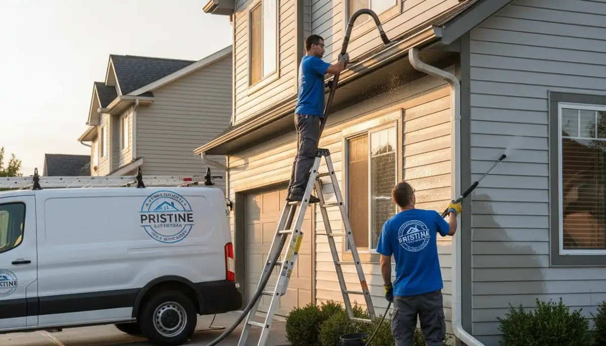 Technician cleaning residential gutters on vinyl-sided home in Philadelphia, PA