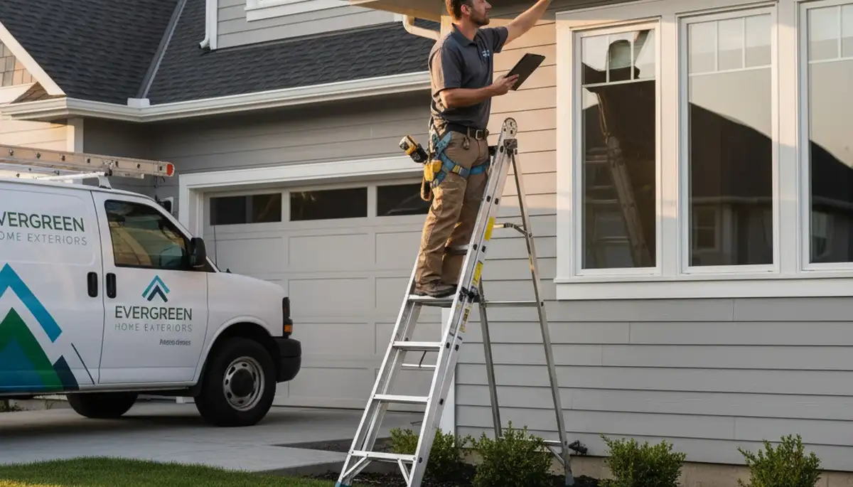 Technician performing gutter inspection on vinyl-sided home in Philadelphia, PA