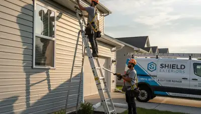 Technician repairing residential gutters with vinyl siding in Philadelphia, PA