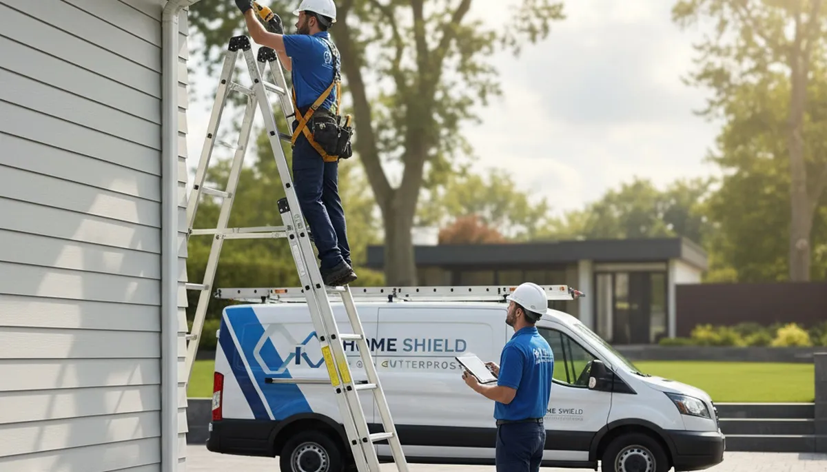 Technician repairing residential gutters with vinyl siding in Philadelphia, PA