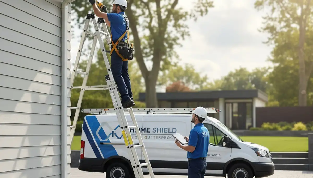 Technician repairing residential gutters with vinyl siding in Philadelphia, PA