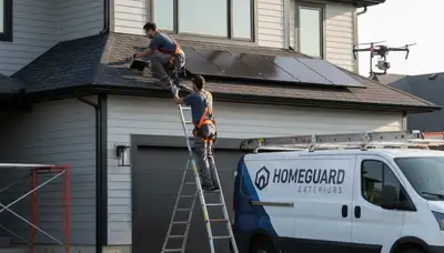 Technician performing roof inspection on Philadelphia PA home exterior for Next Level Exteriors