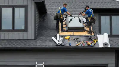 Vinyl siding and skylight repair experts working on a Philadelphia PA home exterior