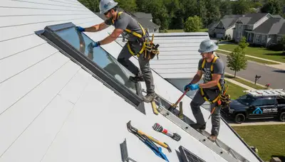 Technician repairing skylight on vinyl-sided roof in Philadelphia, PA