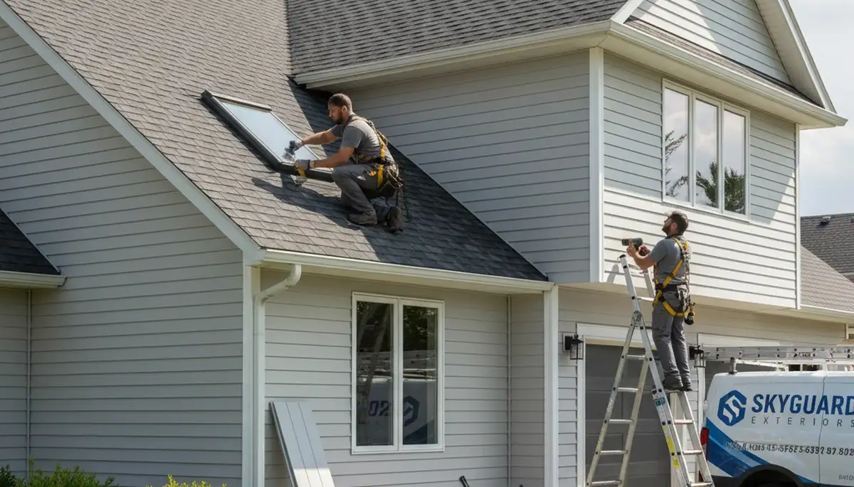 Technician repairing skylight on vinyl siding roof in Philadelphia, PA home exterior