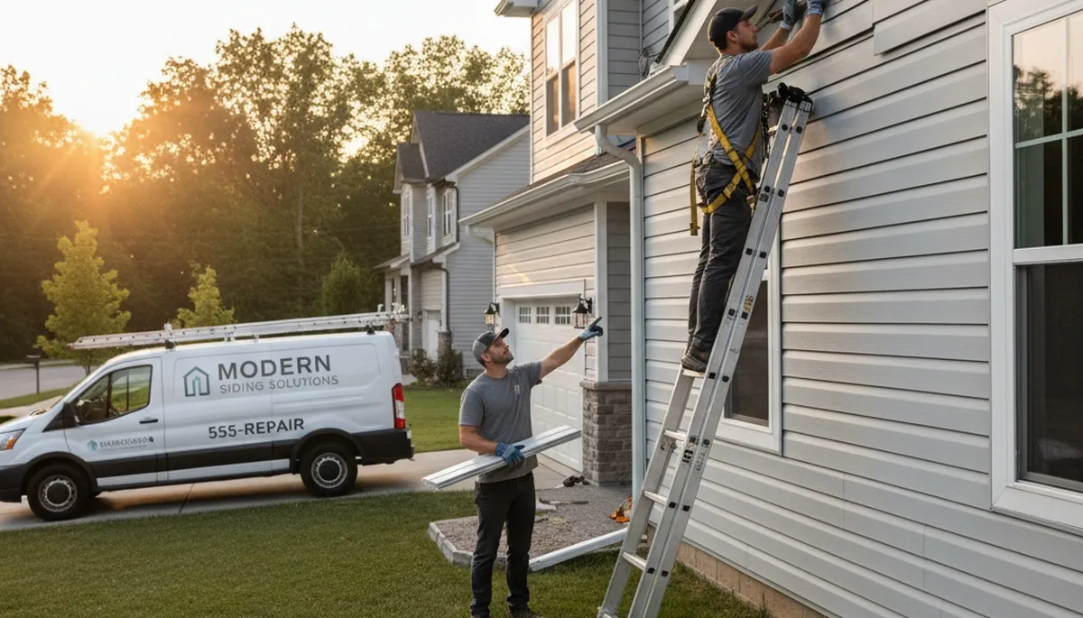 Technician repairing damaged vinyl siding on Philadelphia PA home exterior