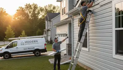 Technician repairing damaged vinyl siding on Philadelphia PA home exterior