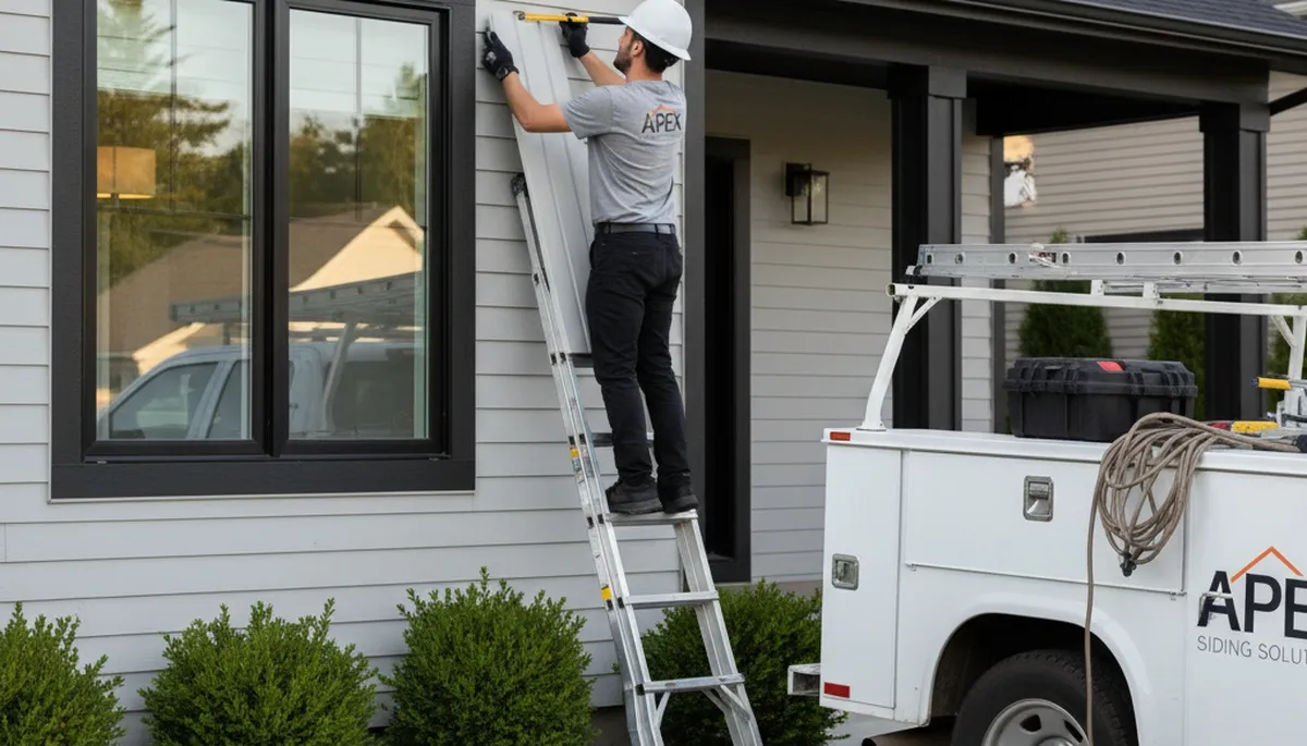 Technician repairing damaged vinyl siding on Philadelphia PA home exterior