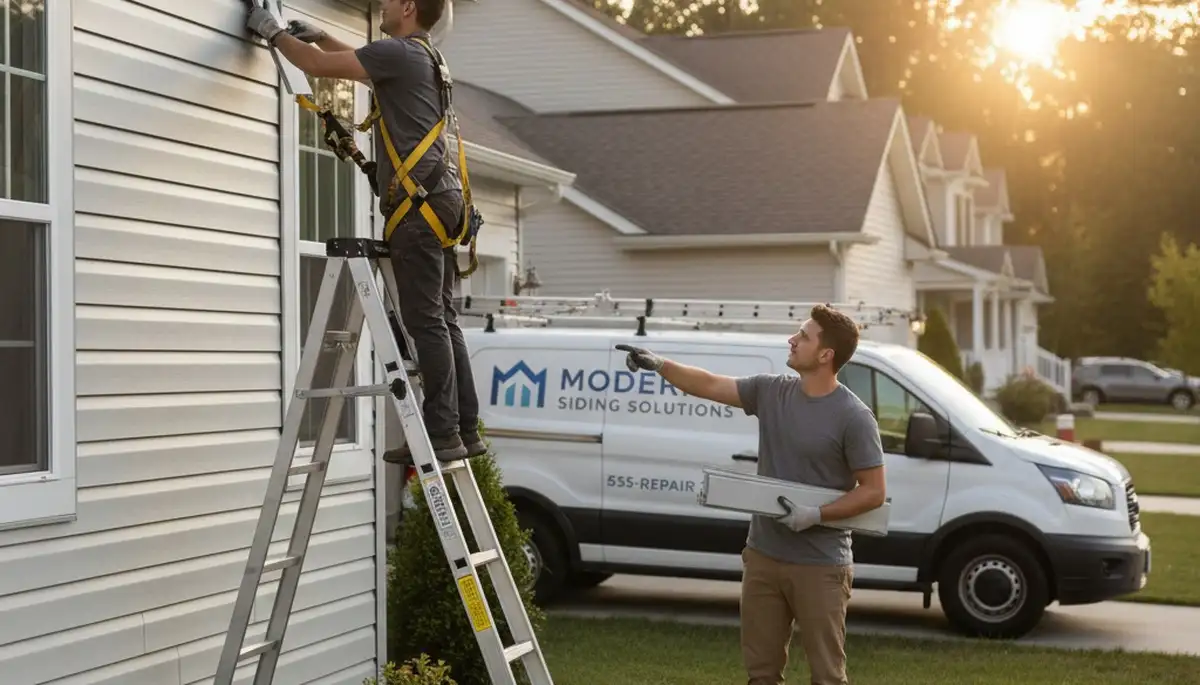 Technician repairing cracked vinyl siding on Philadelphia, PA home exterior