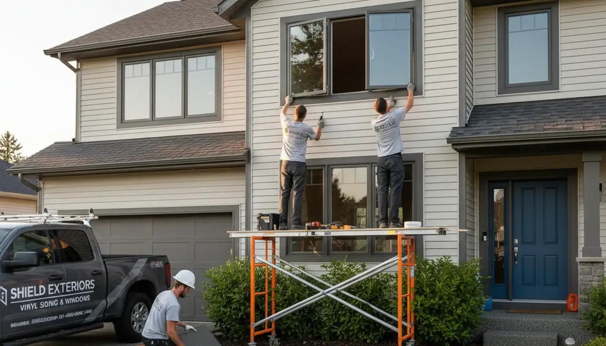Technician repairing home window frame with vinyl siding in Philadelphia, PA